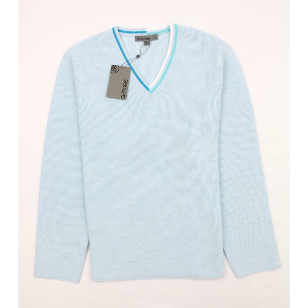 G/Fore G4 Waffle Knit V Neck Mens XL Baja Blue Golf Sweater 100% Wool